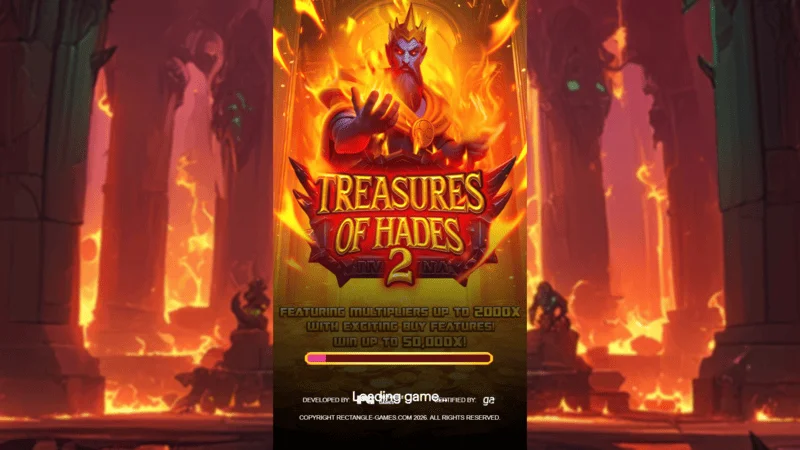 Treasures of Hades 2 — tela de carregamento do slot Rectangle Games com tema mitológico do submundo