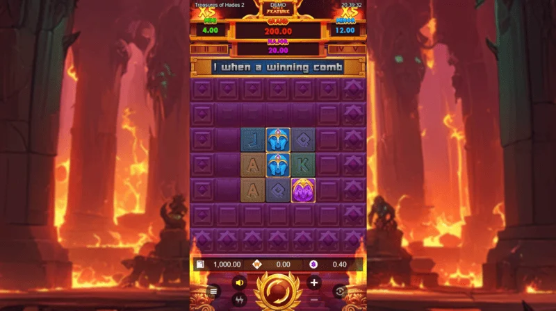 Treasures of Hades 2 — tela de jogo principal do slot com rolos 3x3 e 20 betways da Rectangle Games